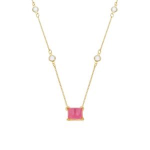 Colar Dourado de Retângulos Rosas e Pontos de Luzes